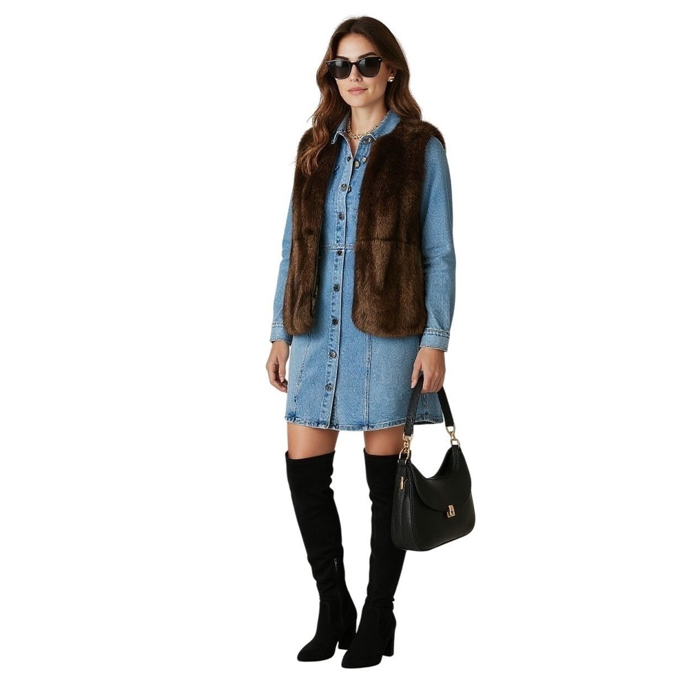 Sanctuary LA Faux‎ Fur Open Front Vest Satin Lined Faux Leather Trim Size Small
